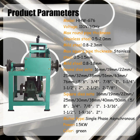 1.5KW Electric Pipe Bender 110V 60Hz Loaded With 9 Round And 8 Square Dies displays product parameters on a green machine.
