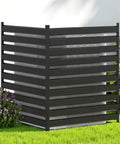 Outdoor Louvered AC Fence Screen Two Panels Privacy Screen For Hiding Air Conditioner Unit And Trash Cans Heavy Duty Rust Resistant Metal Garden Fence Decor For Patio Balcony Yard Keeps HVAC Ventilated While Boosting Curb Appeal - black fence installed in garden, hiding AC unit.