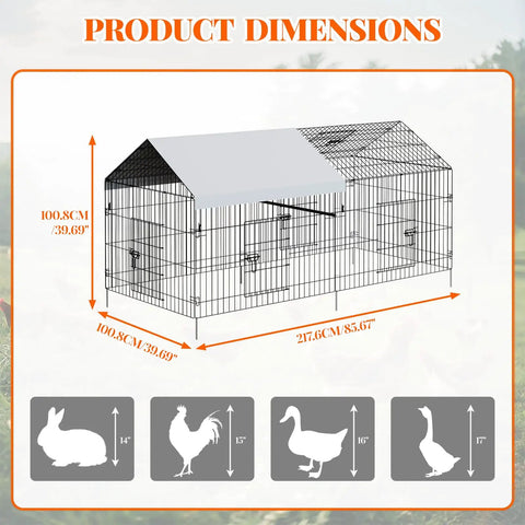 Heavy Duty Metal Chicken Coop With Waterproof And Anti UV Cover No Fuss Portable Chicken Run For Yard Poultry Cage Hen House For Backyard Farm Use 86 Inch Long By 40 Inch Wide By 40 Inch High Rust Resistant Epoxy Coated Frame Ground Nails Included, product dimensions illustration.