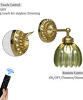 Totally Classic Battery Operated Wall Sconces Set Features Green Tulip Glass And Gold Metal Frame showing touch and remote controls
