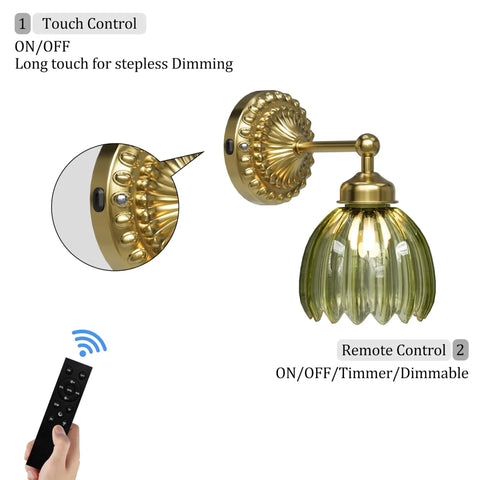 Totally Classic Battery Operated Wall Sconces Set Features Green Tulip Glass And Gold Metal Frame showing touch and remote controls