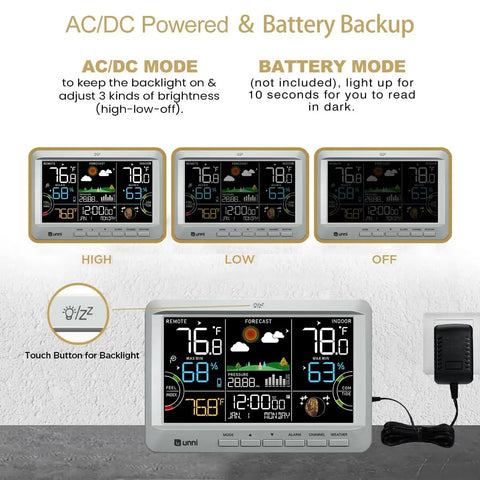 All In One Weather Station With Indoor Outdoor Thermometer And Wireless Atomic Clock Real Time Temperature And Humidity Monitor With Large Constant Display Dew Point Barometer Moon Phase Tide And Comfort Readouts Grey showing AC DC and battery modes