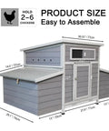Sturdy Large Wooden Chicken Coop With Weatherproof Exterior And Six Nesting Boxes, Removable Tray, Built To Last Outdoor Poultry Cage For Farm Or Backyard shown with dimensions, dark grey finish.