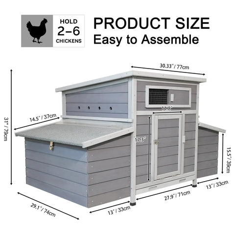Sturdy Large Wooden Chicken Coop With Weatherproof Exterior And Six Nesting Boxes, Removable Tray, Built To Last Outdoor Poultry Cage For Farm Or Backyard shown with dimensions, dark grey finish.