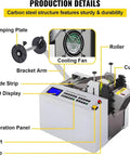 Tiuheyo Automatic Pipe Cutter Machine MCU Controlled Heat Shrink Tube Trimmer features clamping plate, cooling fan, and LCD display.