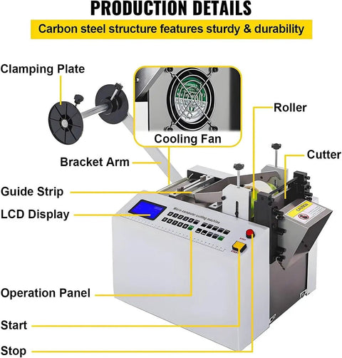 Tiuheyo Automatic Pipe Cutter Machine MCU Controlled Heat Shrink Tube Trimmer features clamping plate, cooling fan, and LCD display.