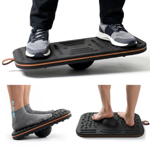 Balance Board For Standing Desk, 2-In-1 Dual-Sided Stability Trainer And Anti-Fatigue Mat shown with massage ball and calf stretch use