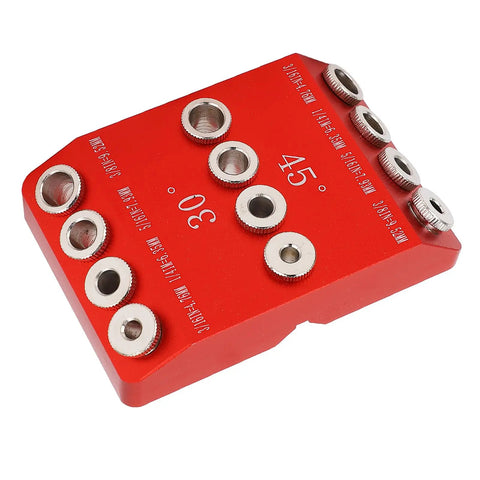 Premium Pocket Hole Jig With 30 Degree And 45 Degree Drill Guide For Slick Woodworking Projects with red aluminum frame and steel drill sleeves.