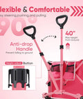 Close-up of pink collapsible wagon handle, adjustable to 40 inches, with anti-drop feature. Pink Collapsible Wagon With Heavy Duty Frame 330 Lb Capacity Big All Terrain Wheels And Large 29 In L X 18 In W X 14 In H Storage Foldable Utility Cart With Drink Holders For Groceries Haul Tools Beach Gear.