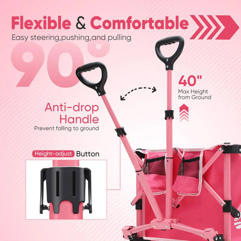 Close-up of pink collapsible wagon handle, adjustable to 40 inches, with anti-drop feature. Pink Collapsible Wagon With Heavy Duty Frame 330 Lb Capacity Big All Terrain Wheels And Large 29 In L X 18 In W X 14 In H Storage Foldable Utility Cart With Drink Holders For Groceries Haul Tools Beach Gear.