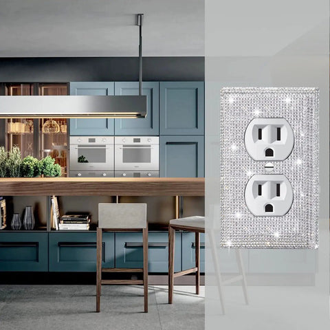 6 Pack Sparkling Rhinestone Wall Plate Covers For Light Switches And Outlets, Silver Bling Decor in modern kitchen setting