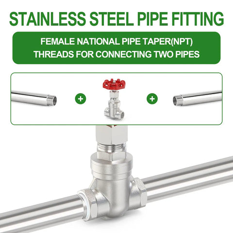 Illustration of 304 Stainless Steel Gate Valve 3/4 Inch NPT Female with Wheel Handle, connected between pipes, showing installation use