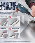 Power Sheet Metal Shear Drill Attachment Metal Cutter Head For 12 Volt Drills cutting straight and curved metal sheets in various patterns.