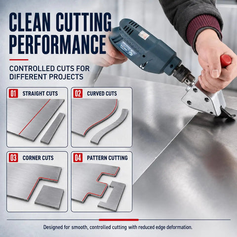 Power Sheet Metal Shear Drill Attachment Metal Cutter Head For 12 Volt Drills cutting straight and curved metal sheets in various patterns.