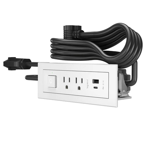 Radiant Furniture Power Center With USB And Switch, Recessed Power Strip, 2 Outlets, Type A USB Port, 10 Foot Cord, White Finish