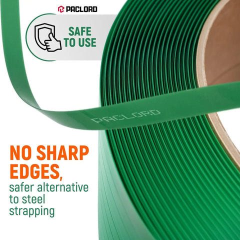 Close-up of 5/8 Inch Wide PET Polyester Strapping Roll, 4000 Feet Green Pallet Banding with 0.035 Inch Thickness on a 16 Inch Core