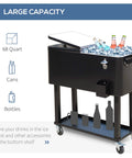 68 quart black ice chest on wheels with bottle opener, filled with ice and bottles, labeled large capacity