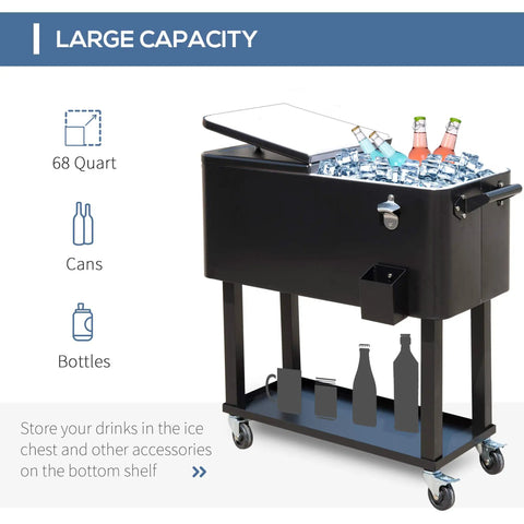 68 quart black ice chest on wheels with bottle opener, filled with ice and bottles, labeled large capacity