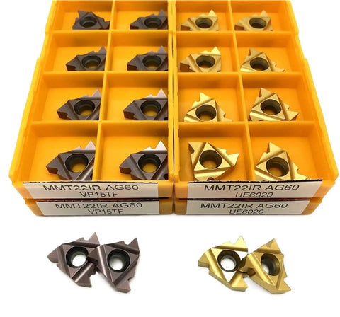 Heavy Duty Indexable Carbide Lathe Tool For External Thread Turning With 60 Degree Angle and Precision CNC Cutting Performance, inserts arranged in a storage box.