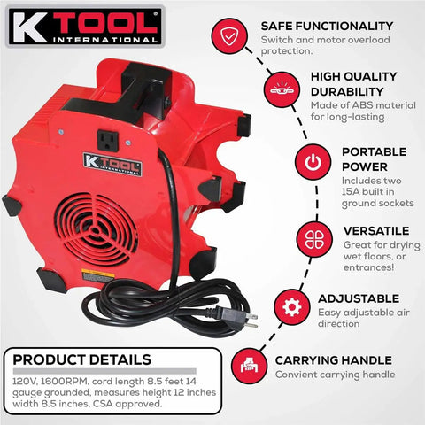 Heavy Duty Floor Blower Fan With 3 Speed Motor 300 CFM Airflow Impact Resistant ABS Build featuring power cord and handle