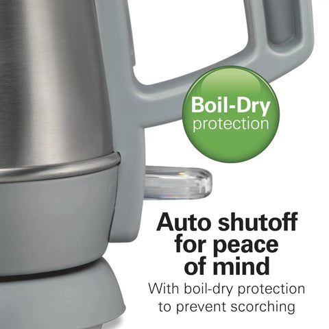 Close-up of 1 Liter Electric Kettle With 1500 Watt Fast Boil, Cordless Water Heater, showing boil-dry protection label and handle.