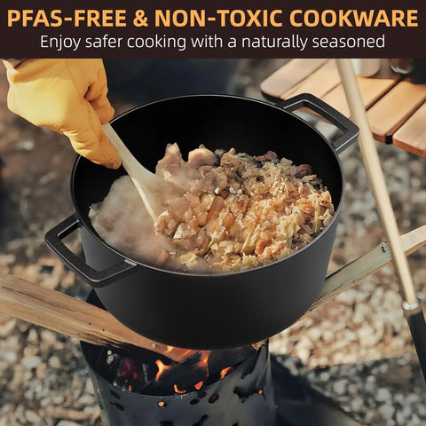 Cooking rice in Built Tough Cast Iron Dutch Oven Pot With Skillet Lid 5 Qt Pre Seasoned Non Toxic PFAS Free on campfire
