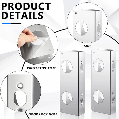 Four Pack Door Reinforcement Plates for One and Three Quarters Inch Thick Doors Stainless Steel Jamb Plate With Deadbolt Cover and Latch Reinforcement Two Hole Design to Beef Up Your Home Security showing side view and protective film being peeled off.