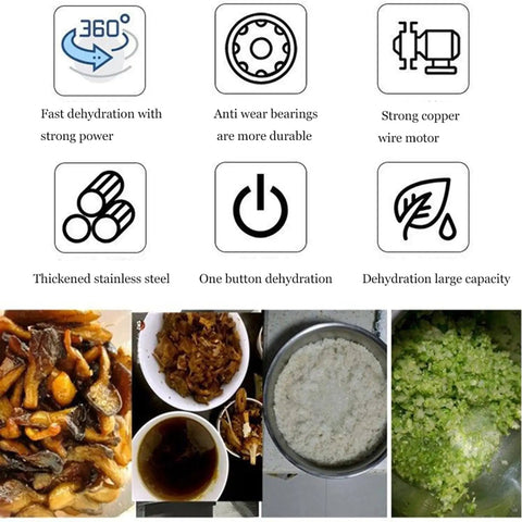 Slick Stainless Steel Vegetable Water Extractor With No Sweat Centrifugal Drying For Crisp Leafy Greens And Fresh Cabbage Compact Electric Salad Spinner Hella Handy For Daily Meal Prep features durability icons and food dehydration results.