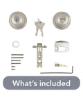 Easy Install Entry Door Knob With Keyed Lock And SmartKey Rekey Technology Microban Protection Satin Nickel Finish DIY Friendly For Exterior Or Interior Doors Keyed Entry Security For Your Home Front Door with installation components.