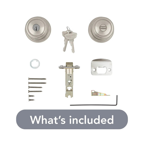 Easy Install Entry Door Knob With Keyed Lock And SmartKey Rekey Technology Microban Protection Satin Nickel Finish DIY Friendly For Exterior Or Interior Doors Keyed Entry Security For Your Home Front Door with installation components.