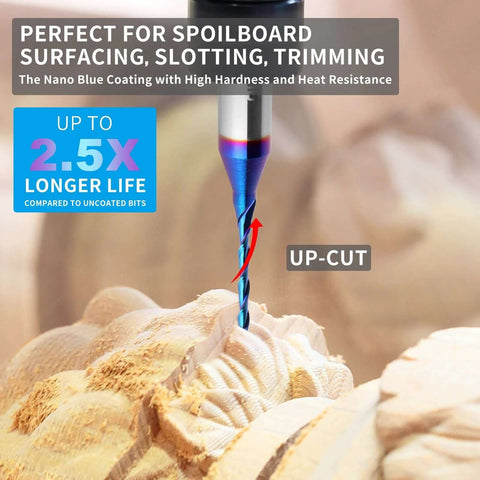 EANOSIC upcut spiral router bit, 1/4 in shank, 1/16 in cutting dia, blue nano-coated solid carbide for wood
