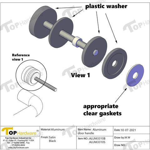 Premium Aluminum Push Bar With 10 Inch Center To Center Pull Handle Set In Satin Brush Finish For Glass And Metal Storefront Doors, Heavy Duty Commercial Door Hardware For High Traffic Areas exploded view with plastic washers and clear gaskets