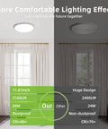 2 Pack 12 Inch LED Round Flat Panel Light With 3 CCT Selectable Color Temperature 3000K 4000K 5000K 24W Edge Lit Flush Mount Ceiling Fixture For Kitchen, Bedroom, Laundry, And Closet White illustrating lighting effect comparison in room.