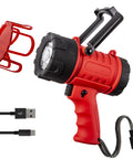 Rechargeable 1000 Lumen Spotlight Flashlight with 3 modes, USB cable, handle, red color, flood light for camping, power bank feature.