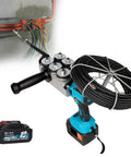 No Sweat Wall Wiring Machine Automatic Cord Puller With Rechargeable Battery And Six Guide Wheels For Effortless Cable Threading and fast network setup up to forty meters per minute, showcasing tool and battery.