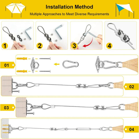 Installation steps for Heavy Duty Shade Sail Hardware Kit With 304 Stainless Steel Turnbuckles And Wire Ropes For Triangle Rectangle And Square Sun Shade Sails Built To Endure Patios Gardens Lawns And Outdoor Setups