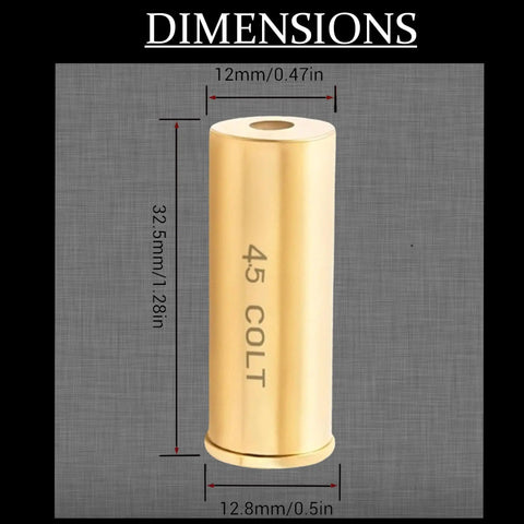 Top Tier.45 Colt And 12 Gauge Shotgun Laser Bore Sighter Cartridge dimensions displayed on a gold casing.