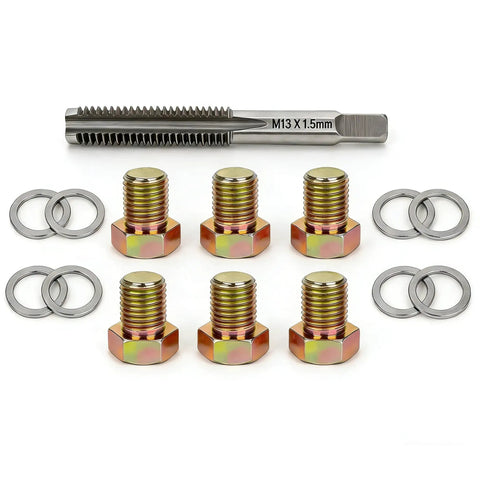 M15x1.5 Oil Drain Plug Thread Repair Tool Kit with tap, 6 drain plugs, and washers for sump, transmission, differential repair