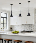 Industrial Adjustable Pendant Light Matte Black 3 Lamp Dope Retro Vibe Vintage Cone Fixture for Kitchen Island Bar and Restaurant Modern Farmhouse Look Hanging Mini Ceiling Lights 3 Pack in modern kitchen setting