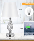 White Touch Table Lamps Set Of 2 With USB C Ports And USB A, spiral cage base, shown with LED bulb and charging tablet