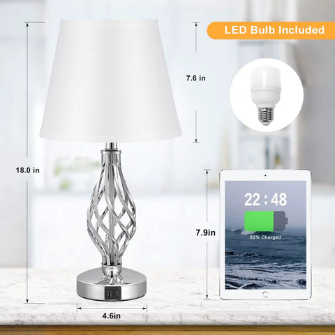 White Touch Table Lamps Set Of 2 With USB C Ports And USB A, spiral cage base, shown with LED bulb and charging tablet