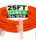 Beefy Heavy Duty 25 Feet Outdoor Extension Cord Waterproof With Lighted End 12 Gauge 3 Prong SJTW Orange 15 Amps 125 Volts