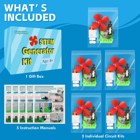 Five Hands-On STEM Generator Kit Set For Kids with DC motor and clear instructions, educational STEAM toys packaging and contents.