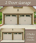 Two-door garage with Six Piece Garage Door Handle Hinges Set With Heavy Duty Steel Base Decorative Barn Hardware Kit installed.