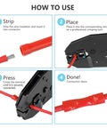 Step-by-step guide using Pro Grade 200Pcs Butt Splice Connectors Kit For 22 10 AWG Wire, showing stripping, placing, pressing, completing steps.