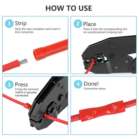 Step-by-step guide using Pro Grade 200Pcs Butt Splice Connectors Kit For 22 10 AWG Wire, showing stripping, placing, pressing, completing steps.