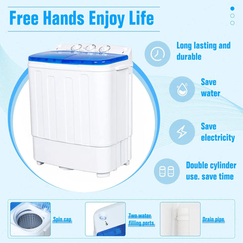 Gotta Love This Ultra Compact Portable Twin Tub Washer Straight Up Silver Ion Deep Clean 18 Pound Laundry Spinner Combo Built For Dorms Apartments And Rv Homes Easy Setup Blue with dual tubs and control dials.