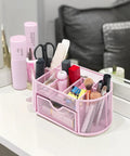 Desk Organizer With Pencil Holder And Drawer, 8 Compartments For Home Office And School, Cherry Blossom Pink, Non Slip Base, Quick Grab Clear View For Easy Access, Compact Desktop Storage.