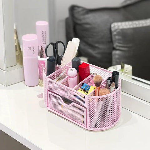 Desk Organizer With Pencil Holder And Drawer, 8 Compartments For Home Office And School, Cherry Blossom Pink, Non Slip Base, Quick Grab Clear View For Easy Access, Compact Desktop Storage.