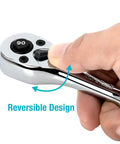 Quarter Inch Drive Ratchet, 90 Tooth Quick Release, Reversible Wrench in Cr V Steel, Full Polish Finish showing reversible design